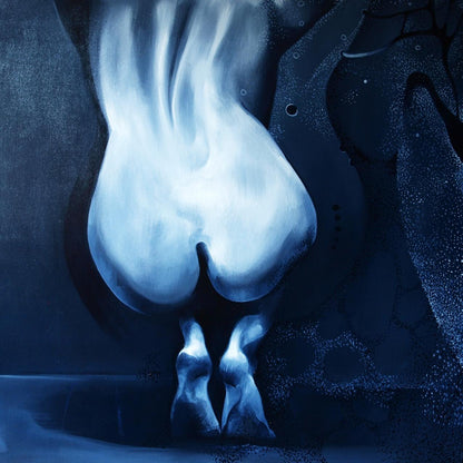 Surreal glowing blue buttocks sculpture emerging from dark water, Alone by Konsta G. Amelinn oil painting