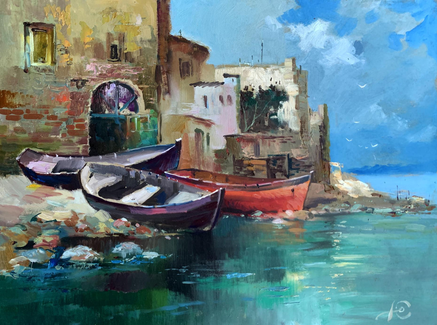 Vibrant red rowboat on turquoise seashore by Yuriy Suprunchuk oil painting