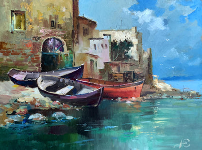 Vibrant red rowboat on turquoise seashore by Yuriy Suprunchuk oil painting