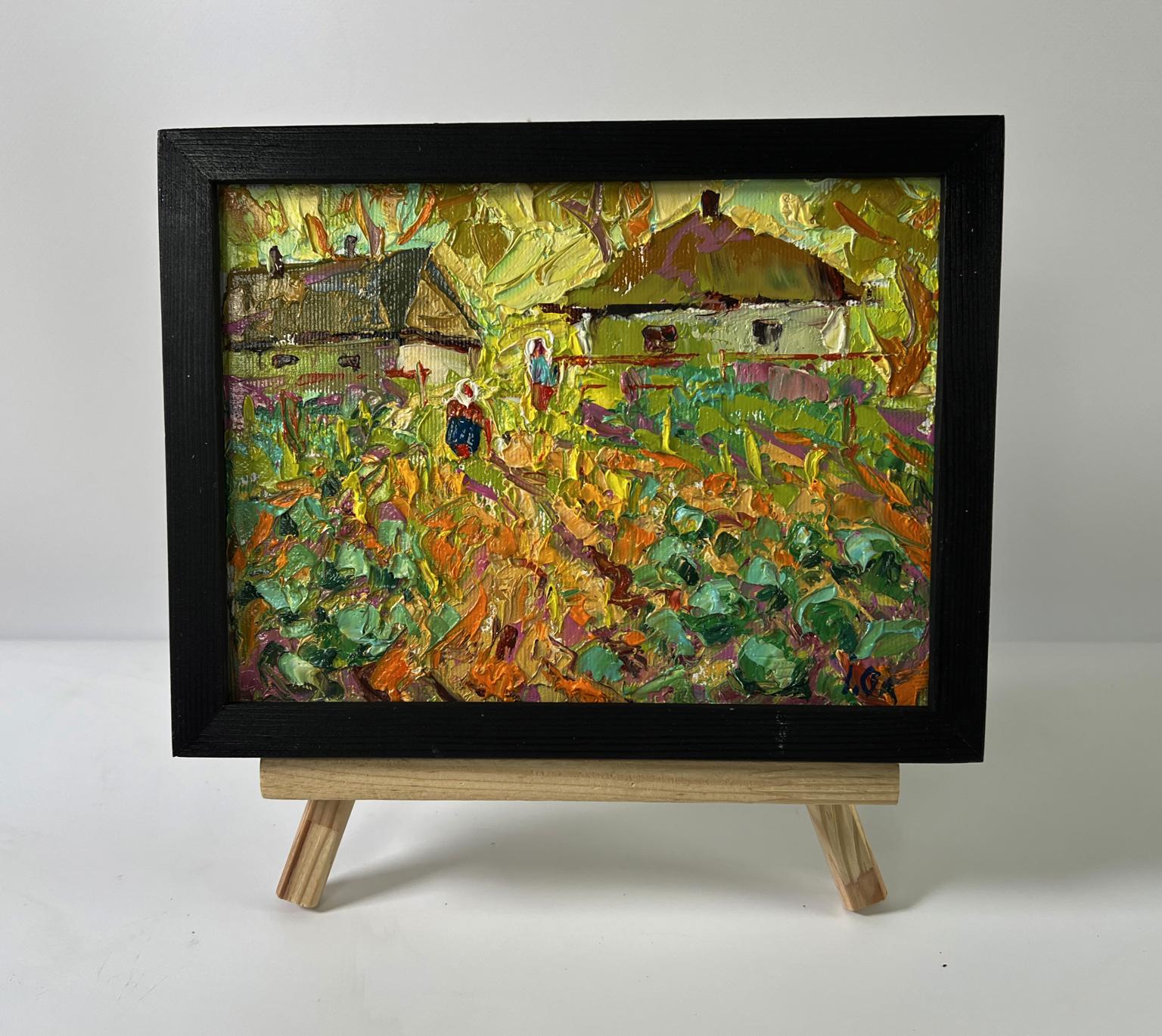 Oil painting Yellow sunset in the village by Oleksiy Ivanyuk in black frame