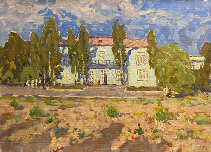 Oil painting by Grigoriy Ruban: light blue two-story house with red roof