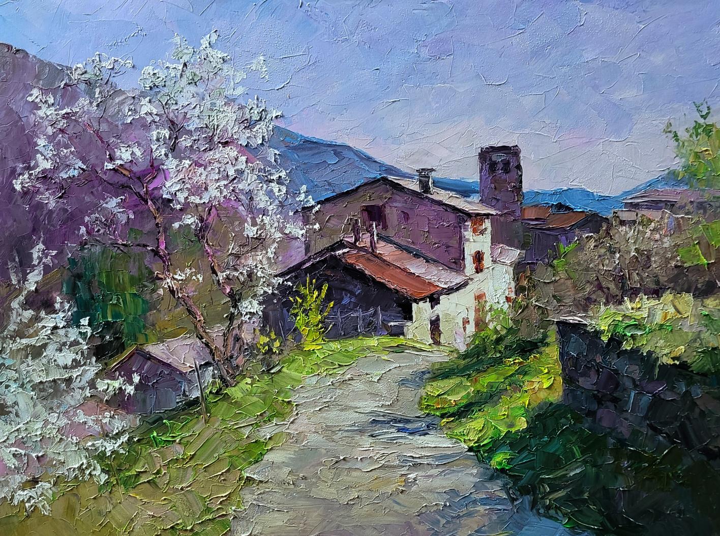 Oil painting of Boris Serdyuk village in mountains, rustic stone house