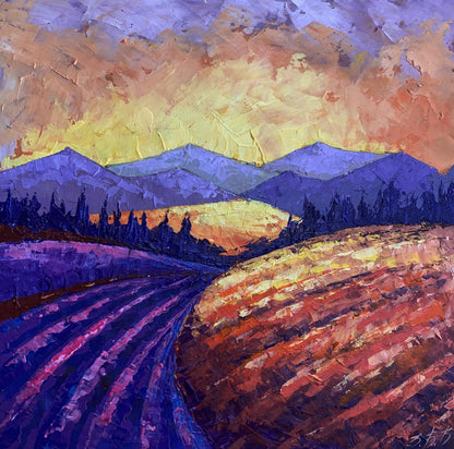 Vibrant impressionist oil painting by V. Zadorozhnya of lavender field at sunset