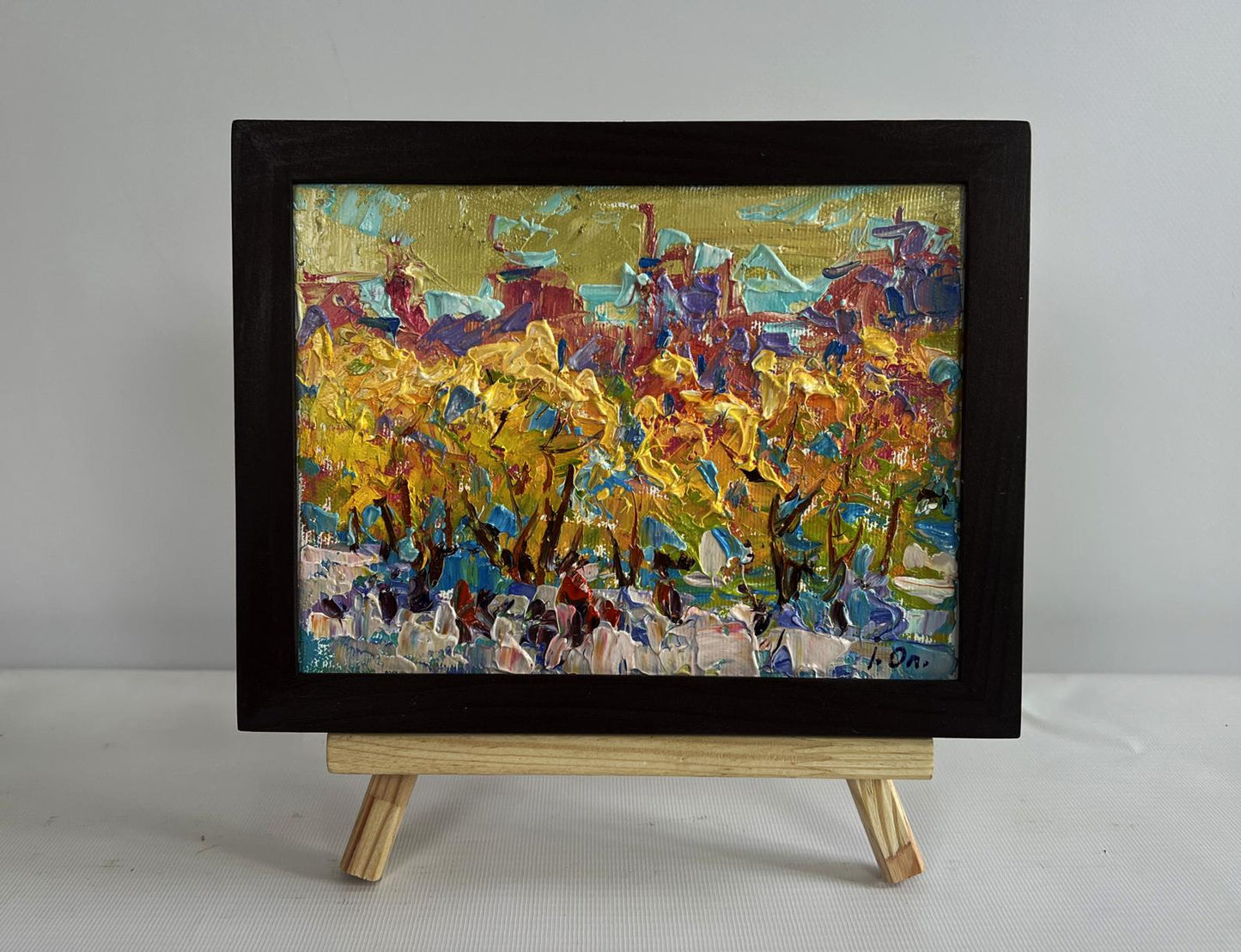 Oil painting Autumn city alley by Oleksiy Ivanyuk in black frame