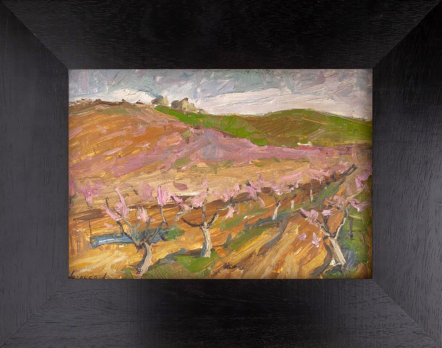 Framed Oil painting Flowering garden by Oleksandr Andreev, pink blossoms