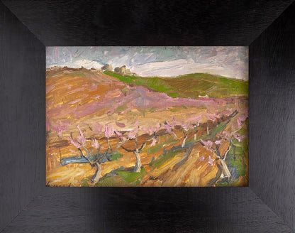 Framed Oil painting Flowering garden by Oleksandr Andreev, pink blossoms