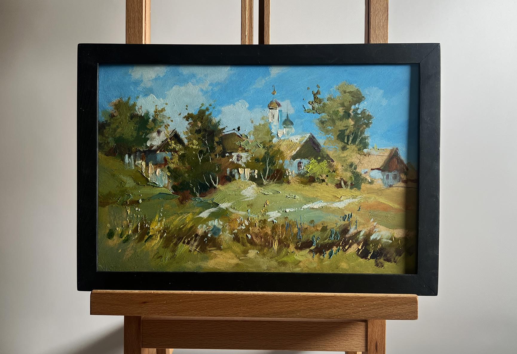 Framed oil painting View of the village and church by Yuriy Suprunchuk