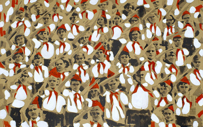 Acrylic painting of student meeting by Dima Filatov, stylized figures in red caps