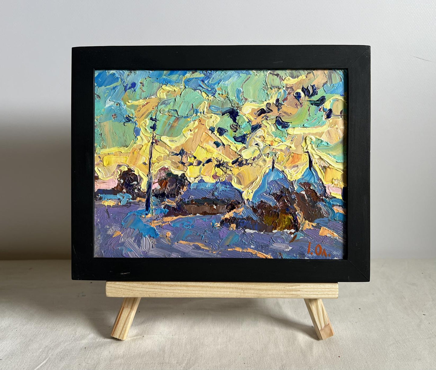 Oil painting Crows in the evening by Oleksiy Ivanyuk in black frame