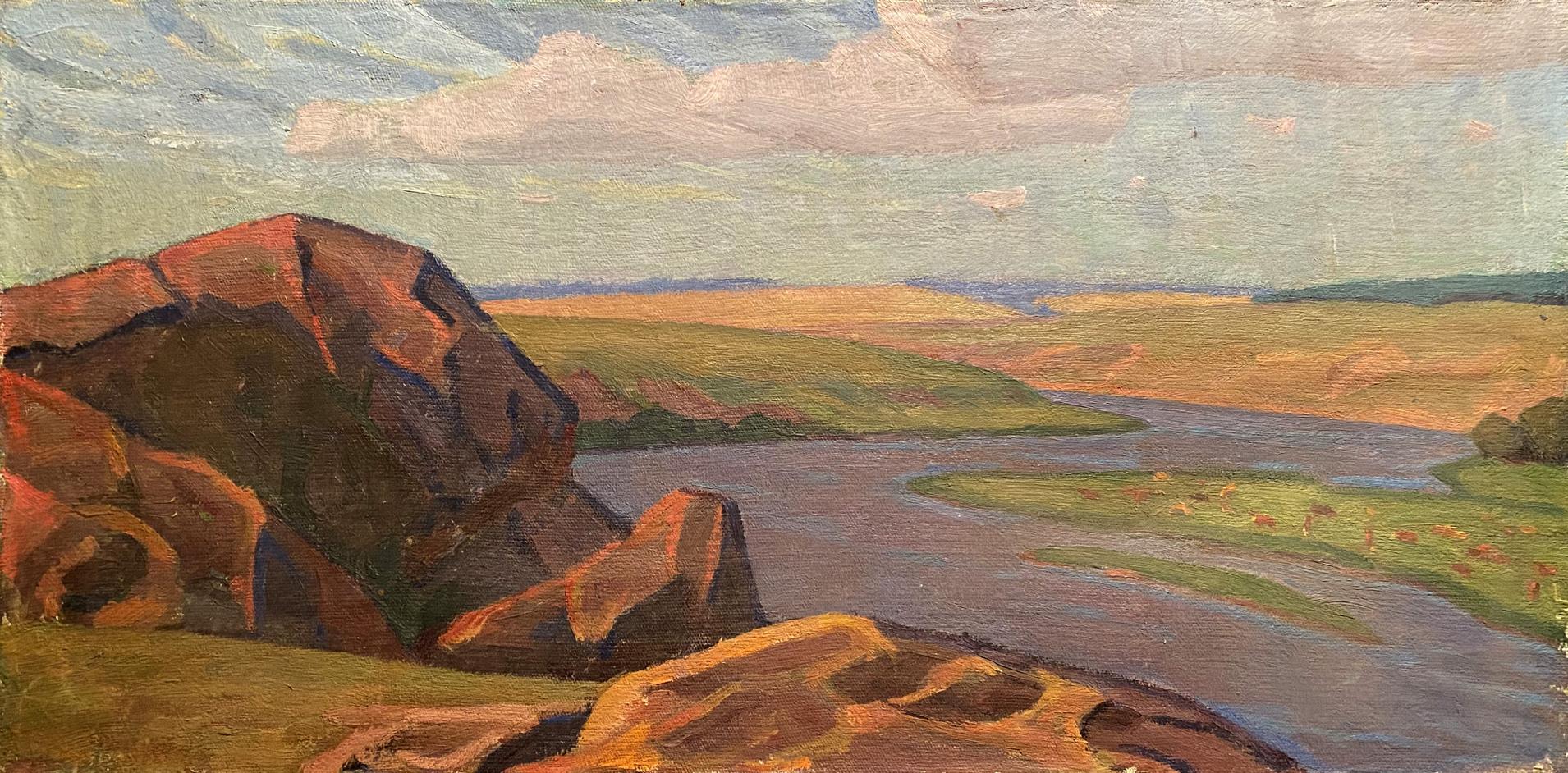Oil painting of river through hills by Nikolai Hrustalenko