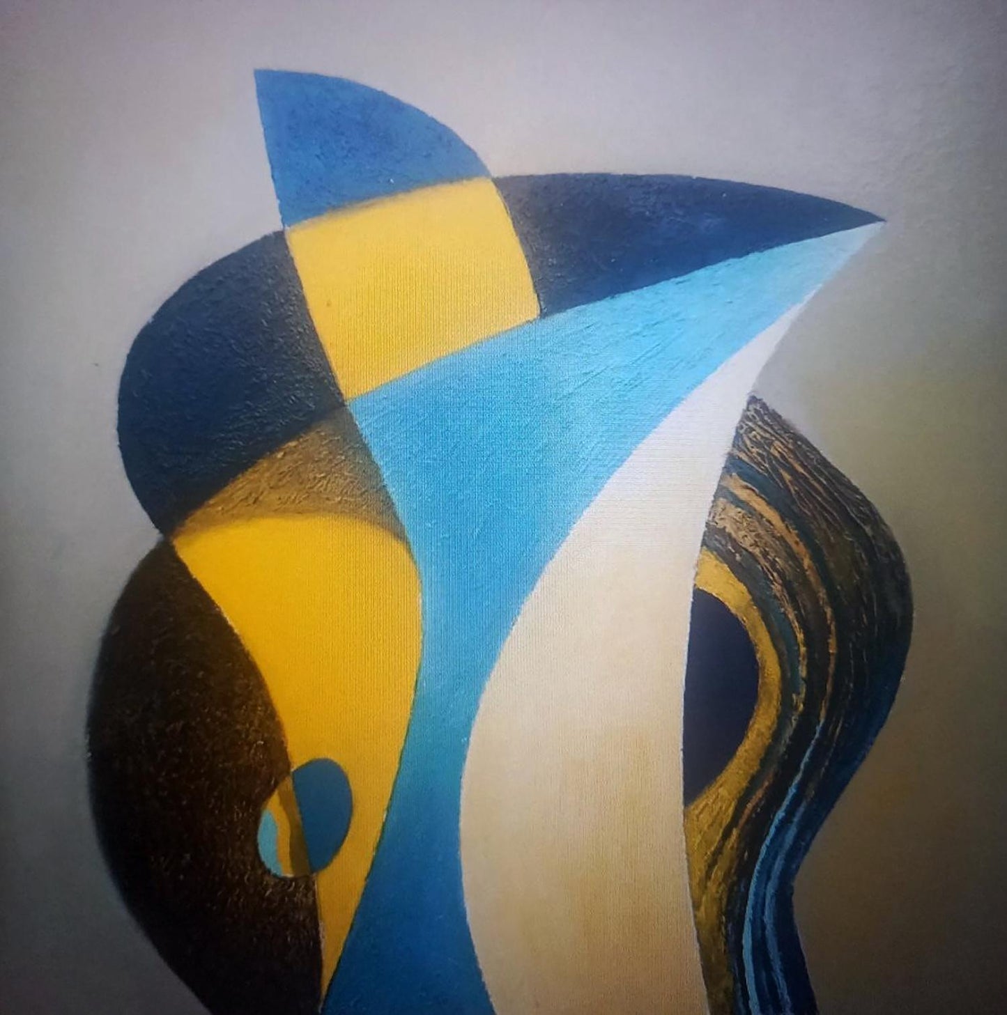 Oil painting of yellow blue vase by Alexander Strashevich, bold geometric shapes