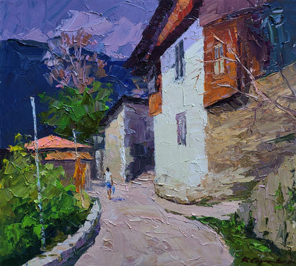 Oil painting of historical Boris Serdyuk street alleyway at twilight