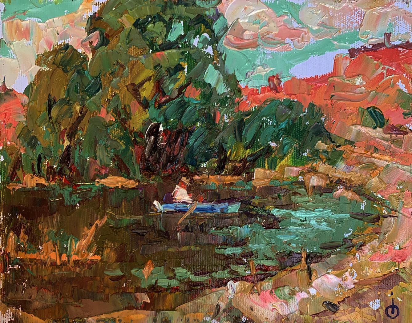 Vibrant impressionist oil painting of lush green tree by Oleksiy Ivanyuk on blue boat