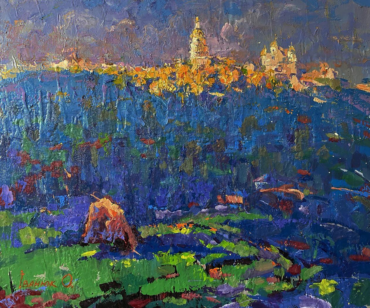 Vibrant impressionist oil painting of sunset hillside town by Oleksiy Ivanyuk