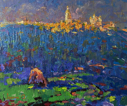 Vibrant impressionist oil painting of sunset hillside town by Oleksiy Ivanyuk