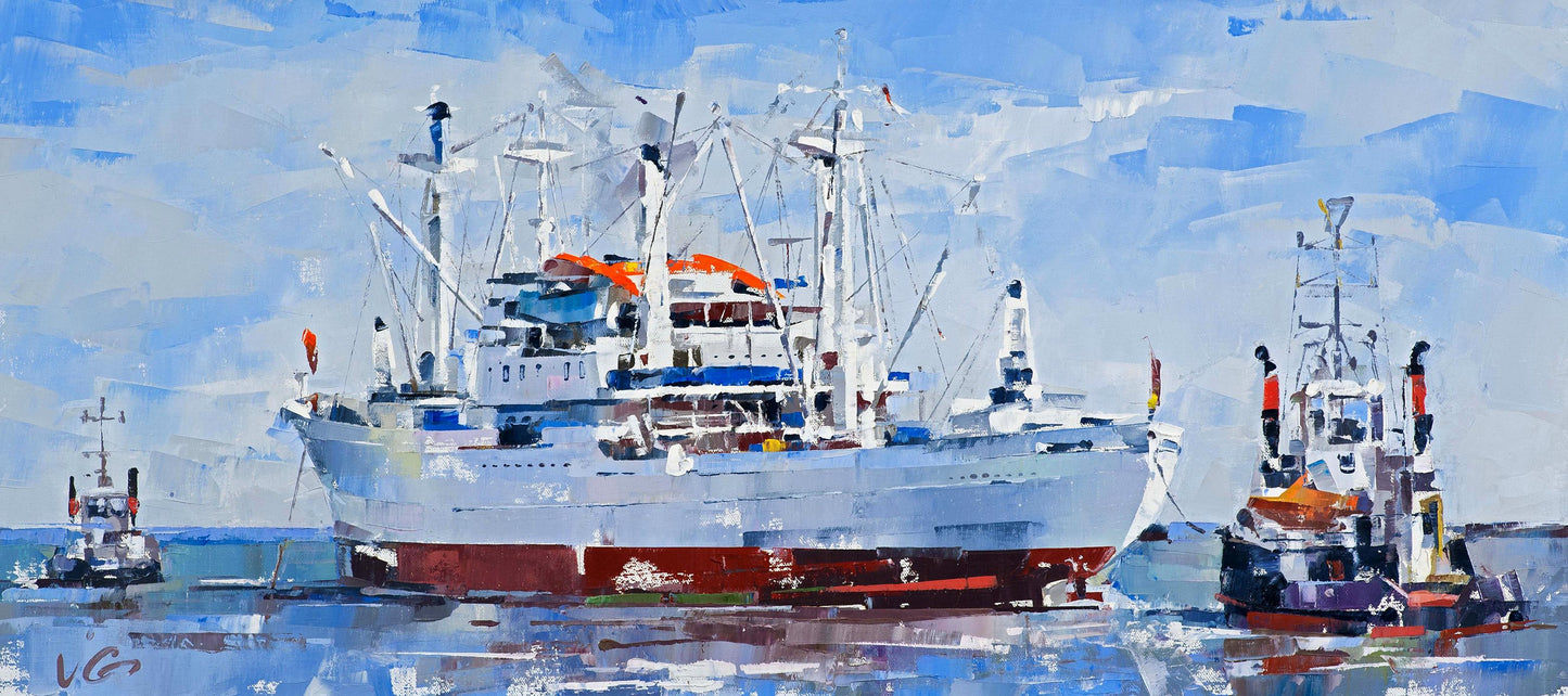 Impressionist oil painting of Cap San Diego cargo ship by Volodymyr Gluhomanyuk