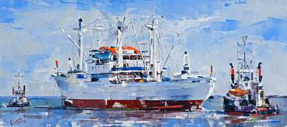 Impressionist oil painting of Cap San Diego cargo ship by Volodymyr Gluhomanyuk