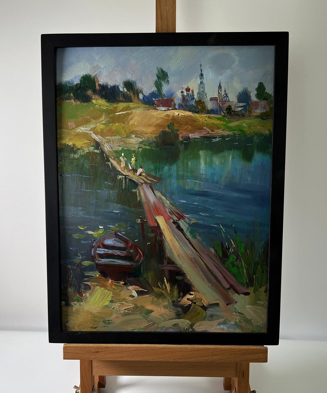 Framed oil painting of children walking by river by Yuriy Suprunchuk