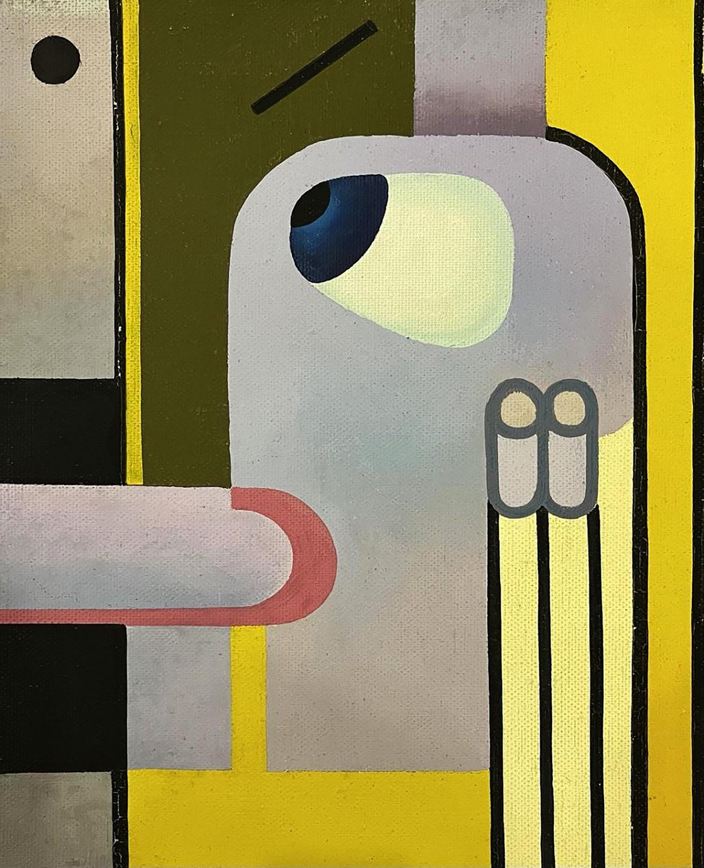 Abstract oil painting by Ihor Safonov: figure with large blue eye on yellow green background