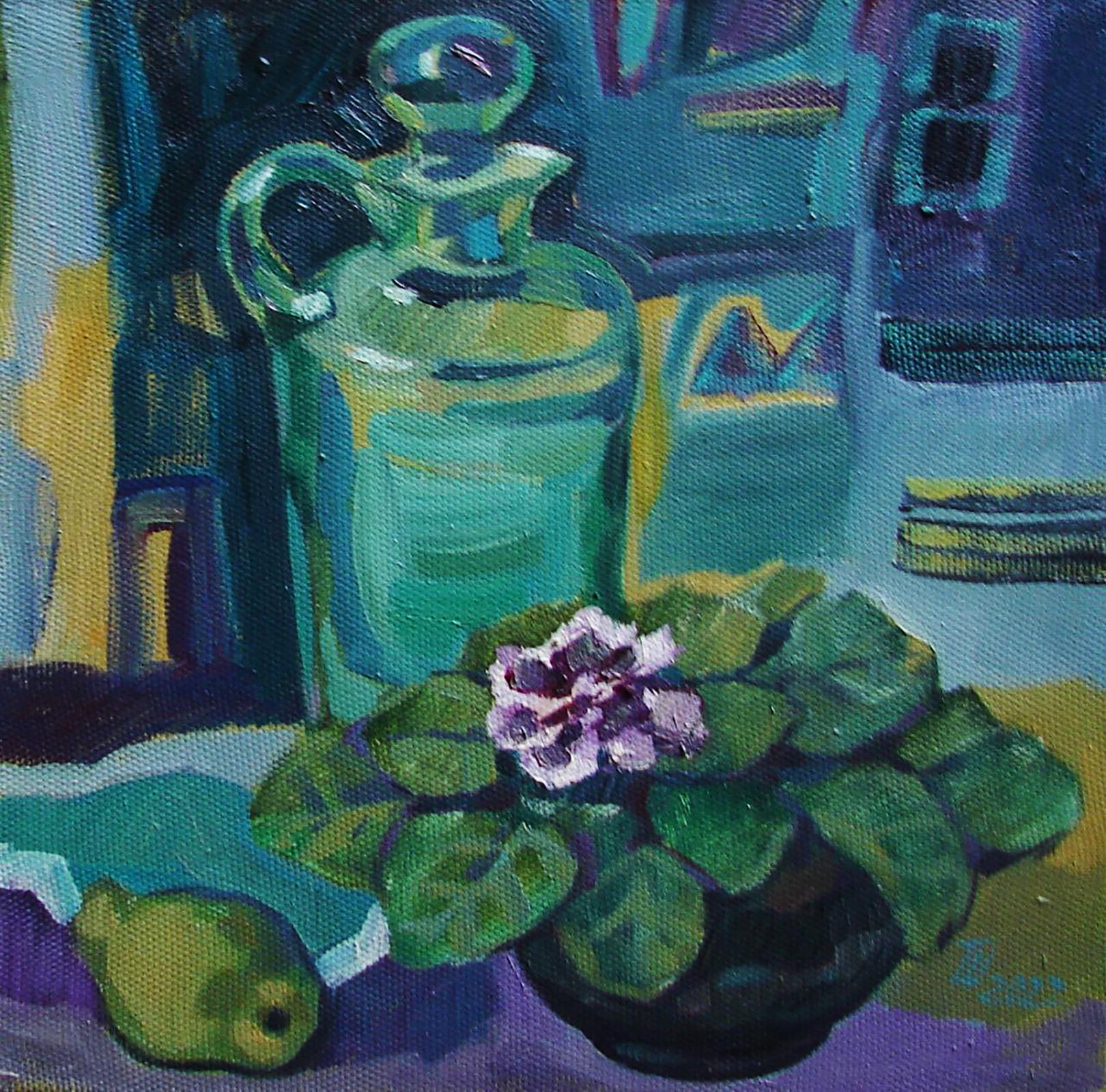 Oil painting Still life with violet by Tatyana Shulyak featuring teal-green glass decanter