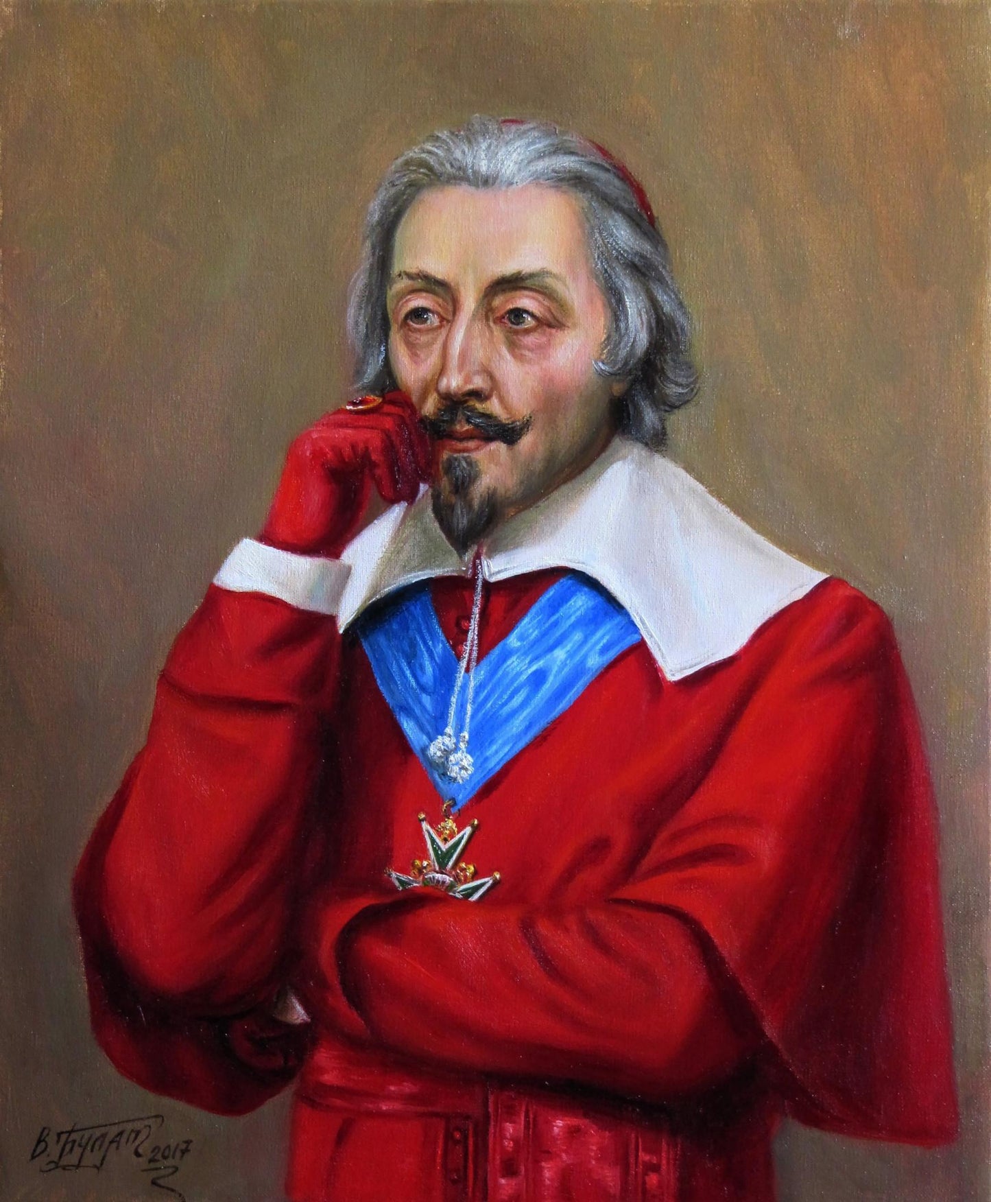 Oil painting of Richelieu in red velvet robe with gold medal by Valeriy Bulat