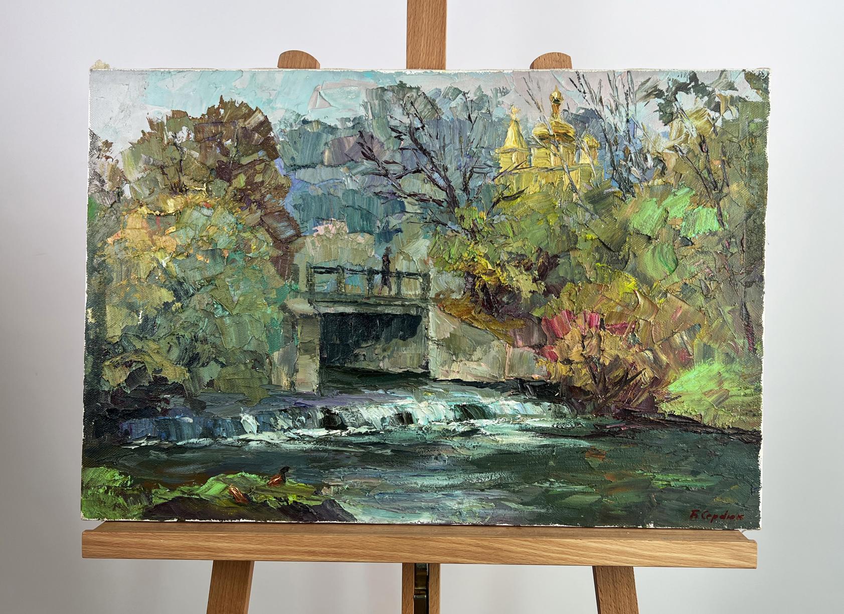 Oil painting Morning rays by Boris Serdyuk: river, trees, stone bridge, golden domes