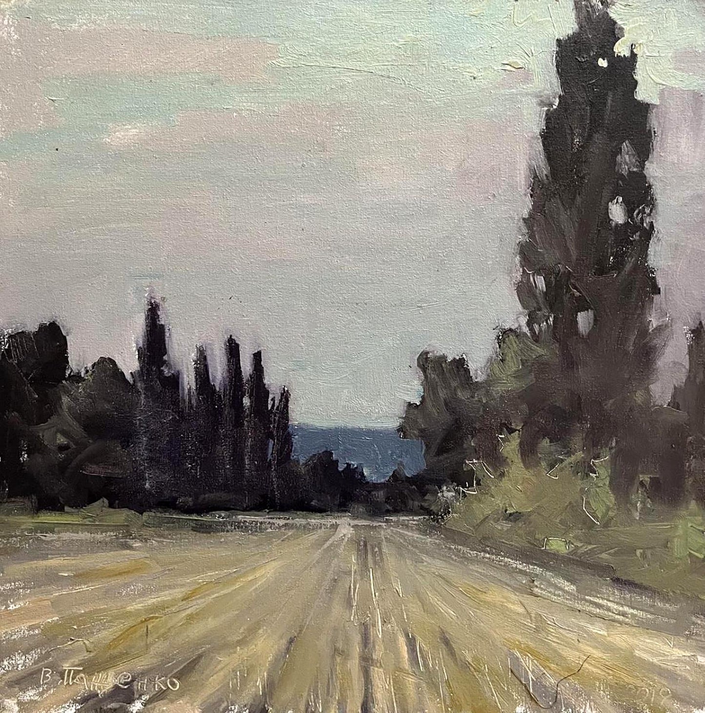 Oil painting Mowed field by Volodymyr Pashchenko: dirt road, tall trees, muted sky