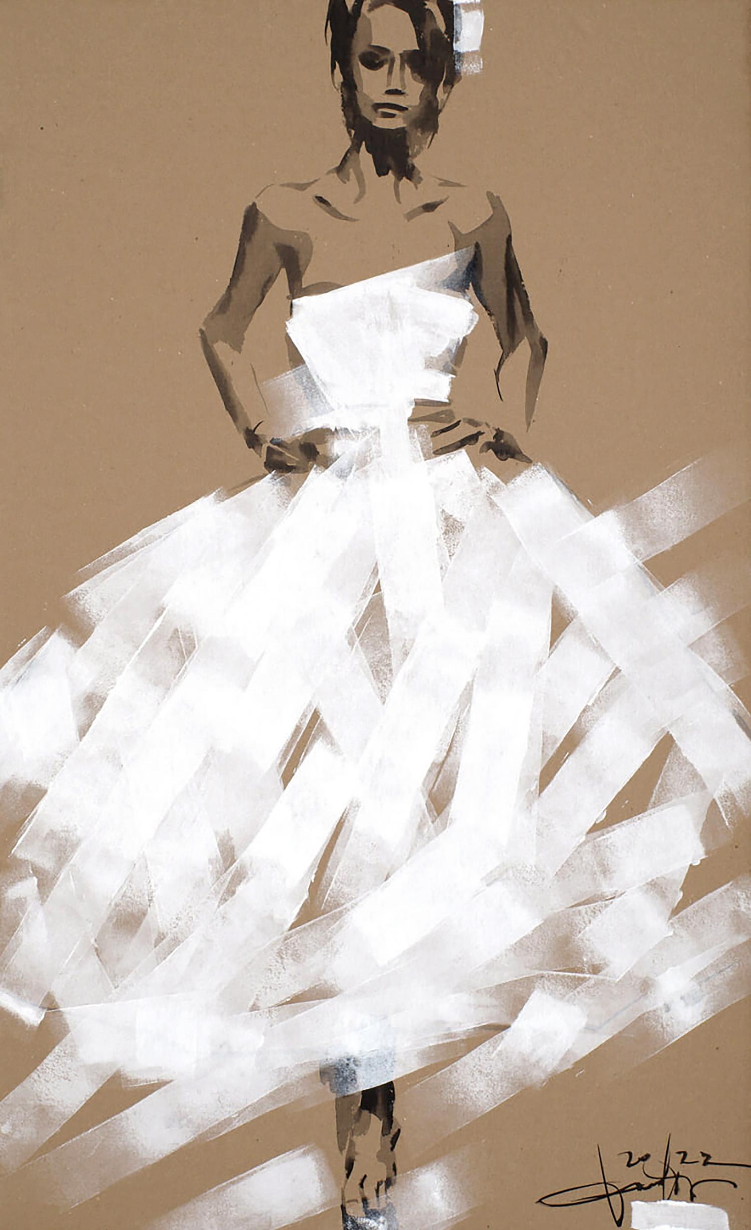 Stylized acrylic painting of bride in avant-garde white gown by Dima Filatov