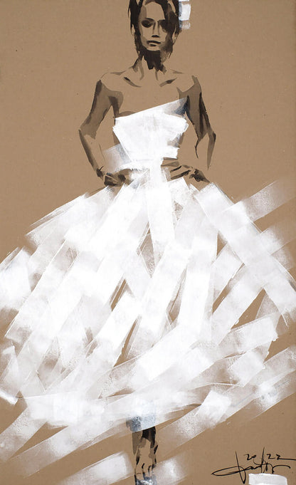 Stylized acrylic painting of bride in avant-garde white gown by Dima Filatov
