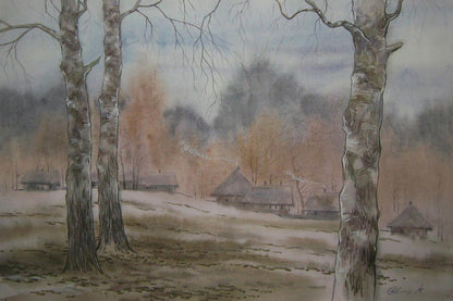 Watercolor painting of snowy village by Valery Savenets with birch trees