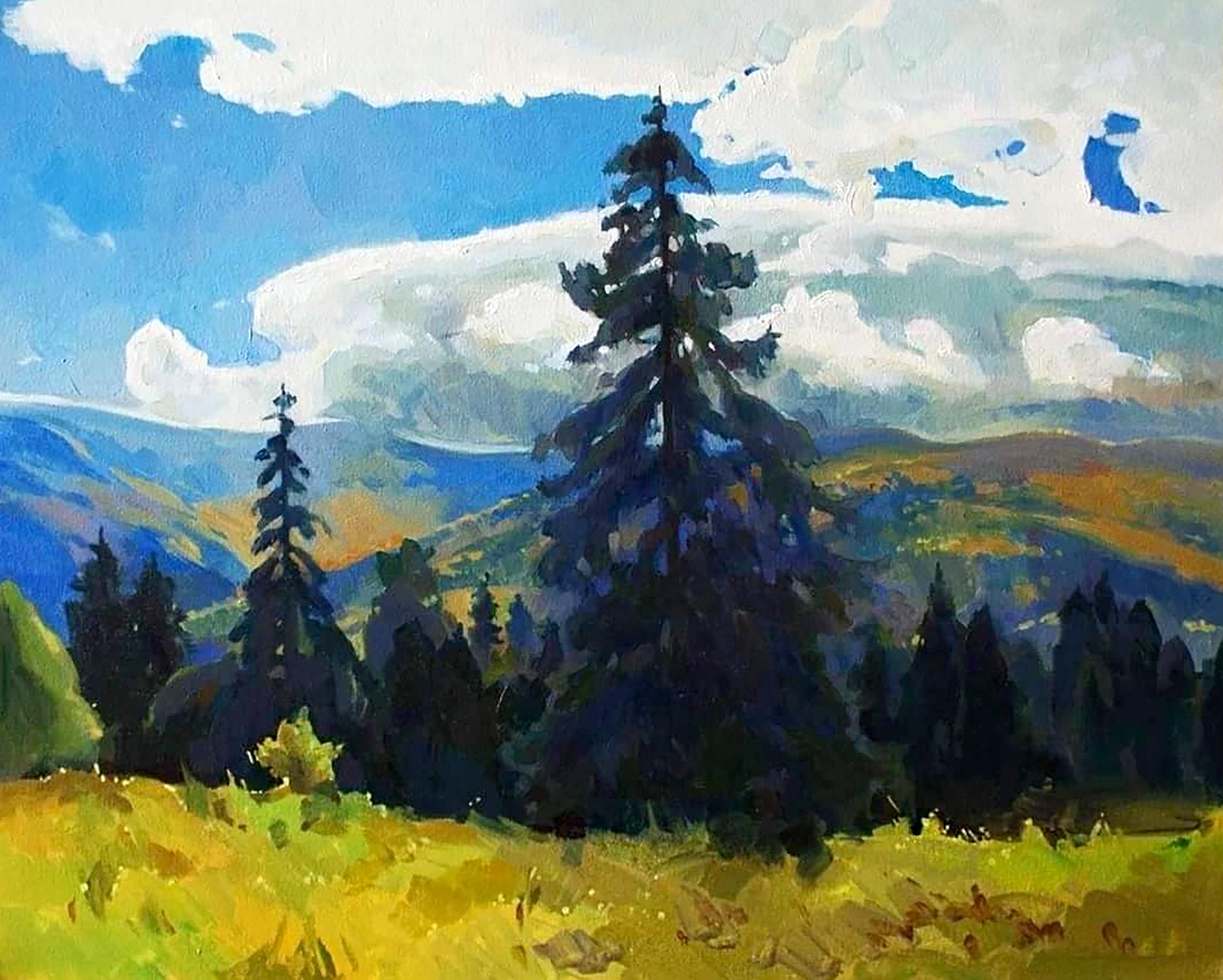 Oil painting September in the mountains by Anastasia Yaroshevich: tall pine in yellow field