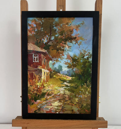 Oil painting Autumn golden path by Yuriy Suprunchuk rustic red house autumn trees