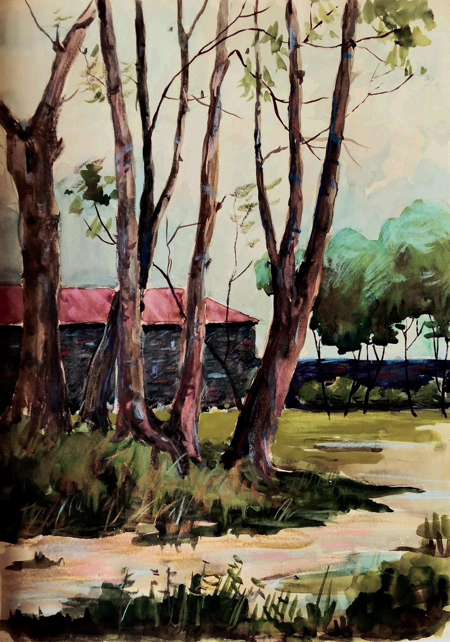 Watercolor forest painting by Vitaly Duhnevich with secret-keeping trees and stone building