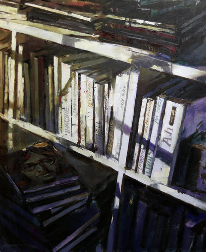 Dark textured oil painting Imagine Ed Potapenkov of bookshelf in muted purples and whites