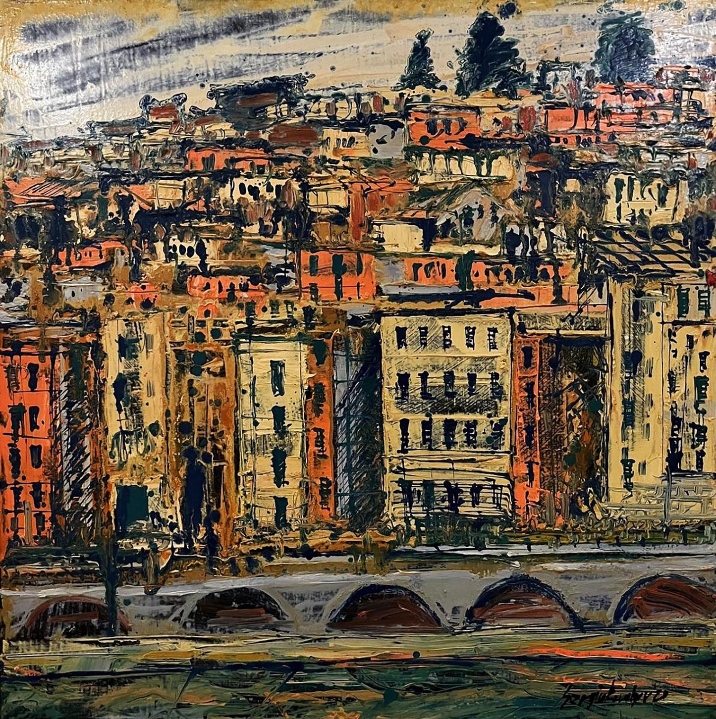 Oil painting Approximation Serhiy Kovalev: abstract cityscape in warm tones