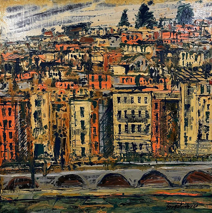 Oil painting Approximation Serhiy Kovalev: abstract cityscape in warm tones