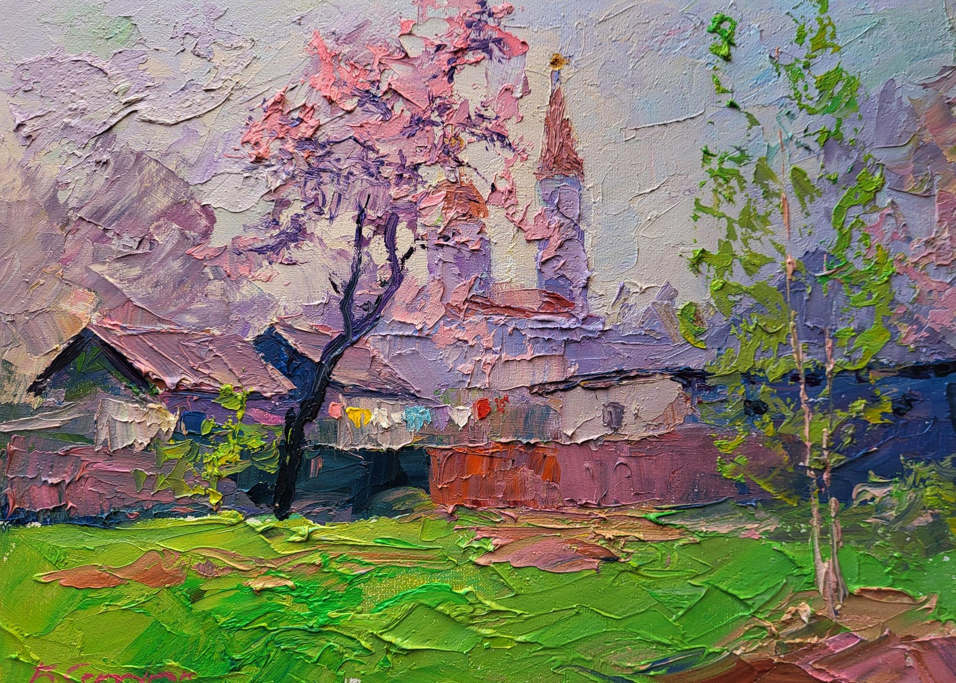 Oil painting Spring has come by Boris Serdyuk: impressionist village scene