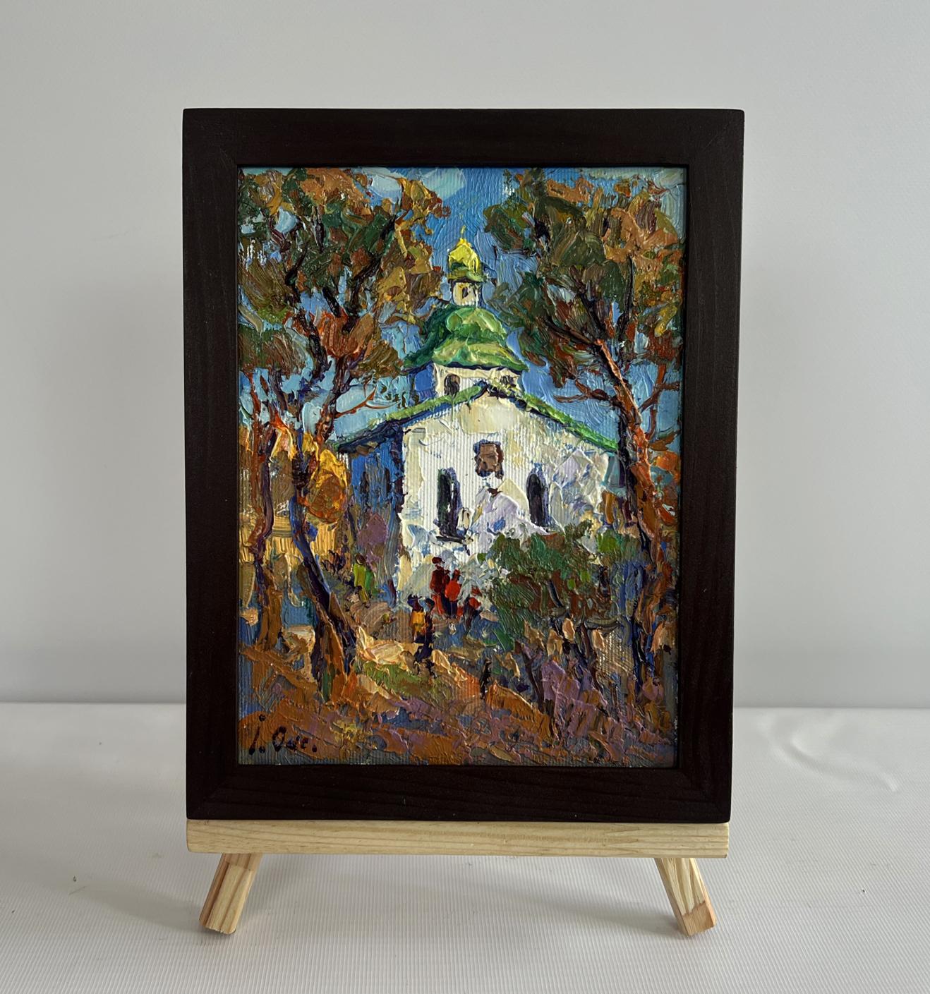 Oil painting Autumn church bells by Oksana Ivanyuk in dark frame