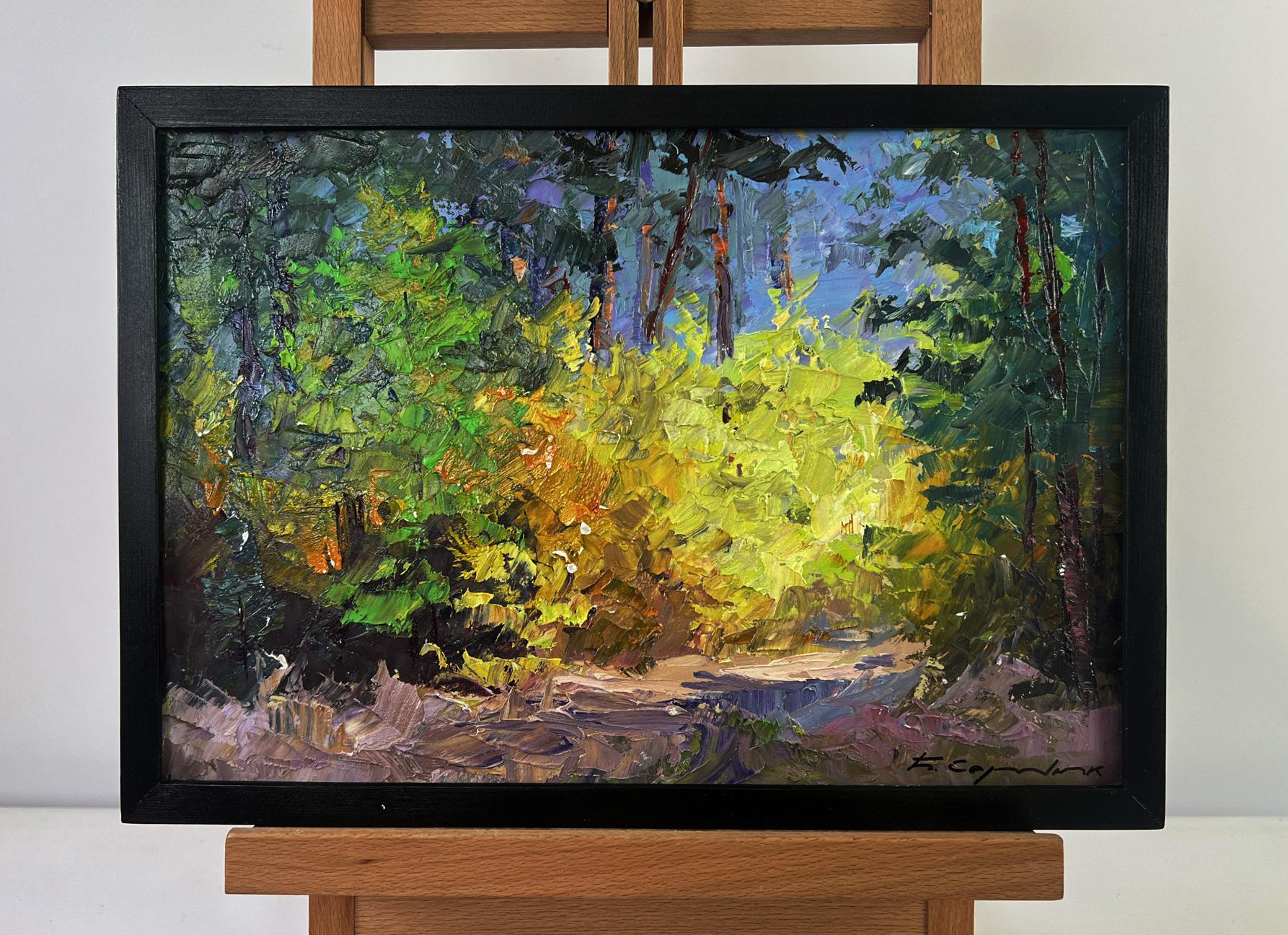 Vibrant impressionist oil painting of forest path by Boris Serdyuk in black frame