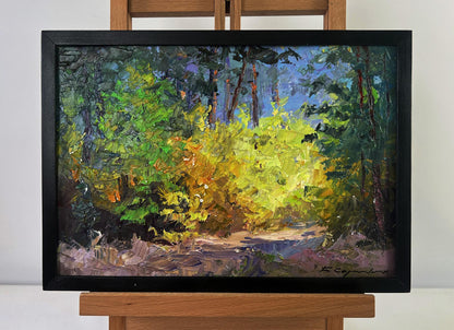 Vibrant impressionist oil painting of forest path by Boris Serdyuk in black frame