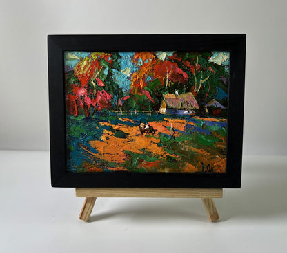 Oil painting Village in the rays of the sun by Oleksiy Ivanyuk in black frame