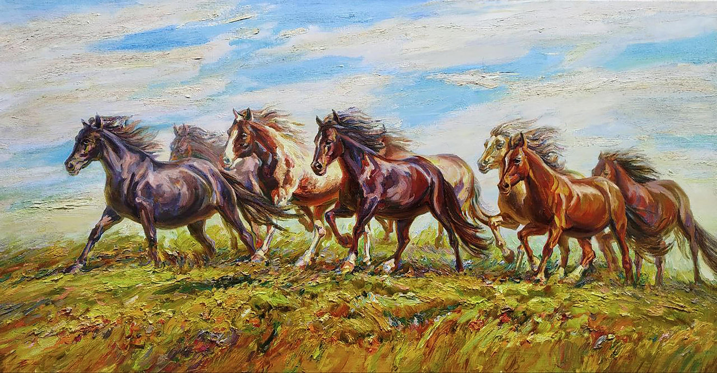Oil painting Herd by Leonid Pavlenko: horses galloping in field