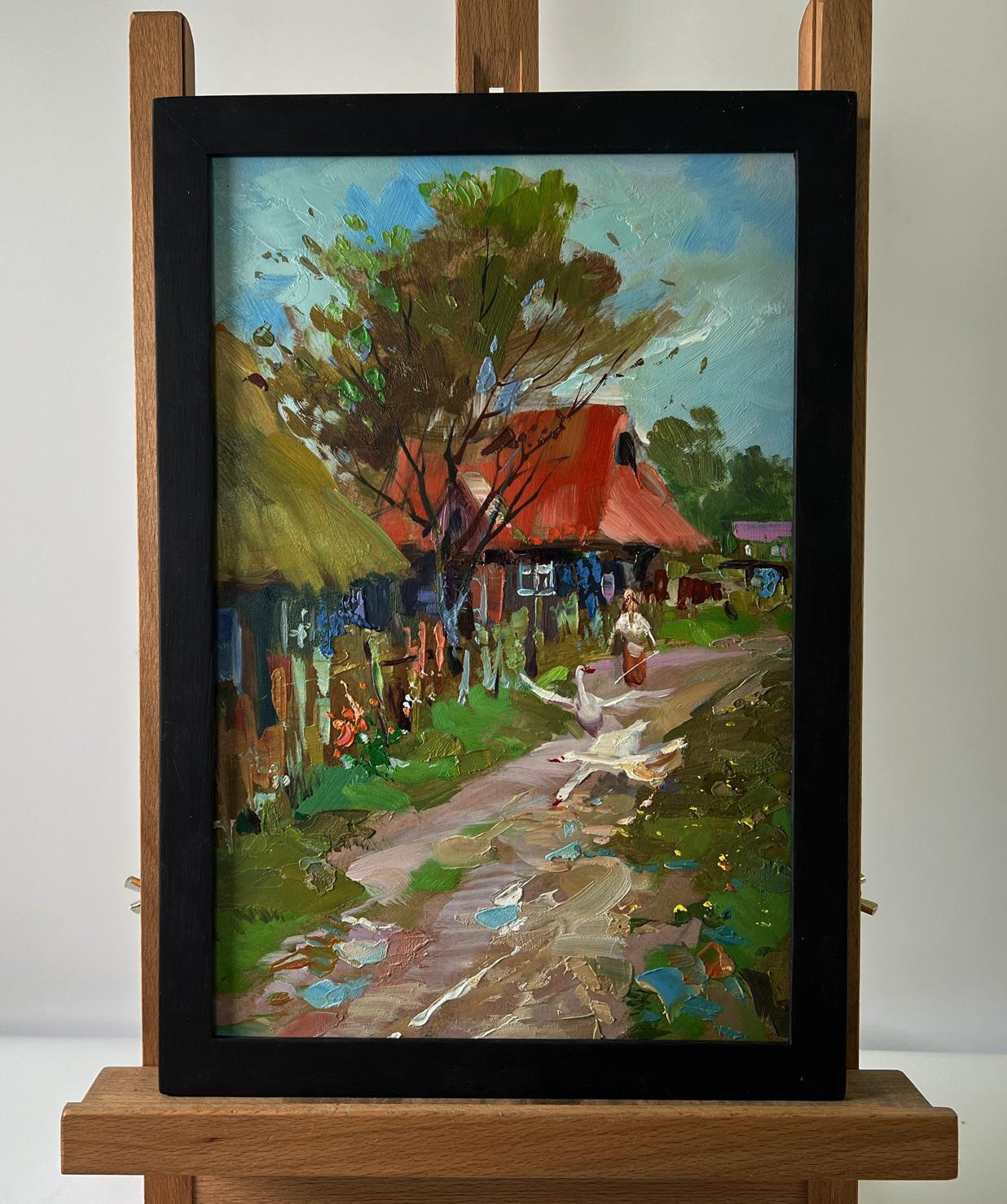 Oil painting Geese in the village by Yuriy Suprunchuk, rustic scene