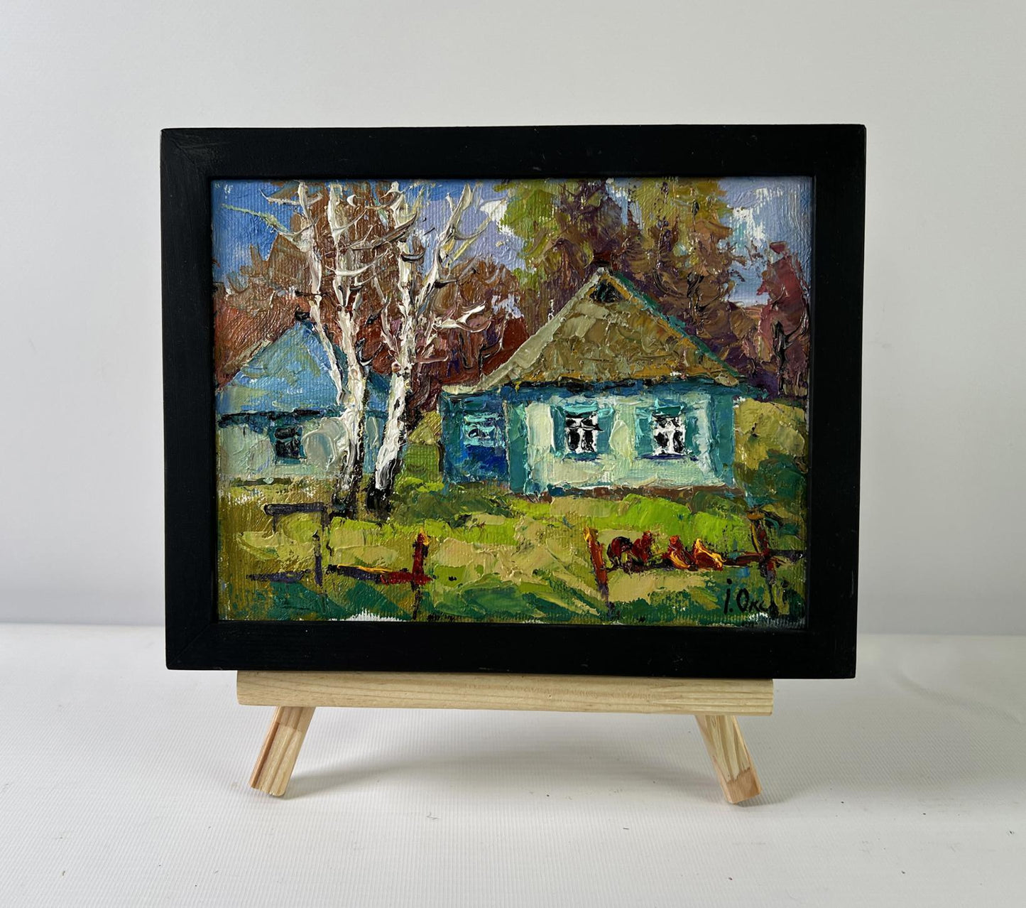 Oil painting Whispers of Spring by Oksana Ivanyuk: rustic village scene