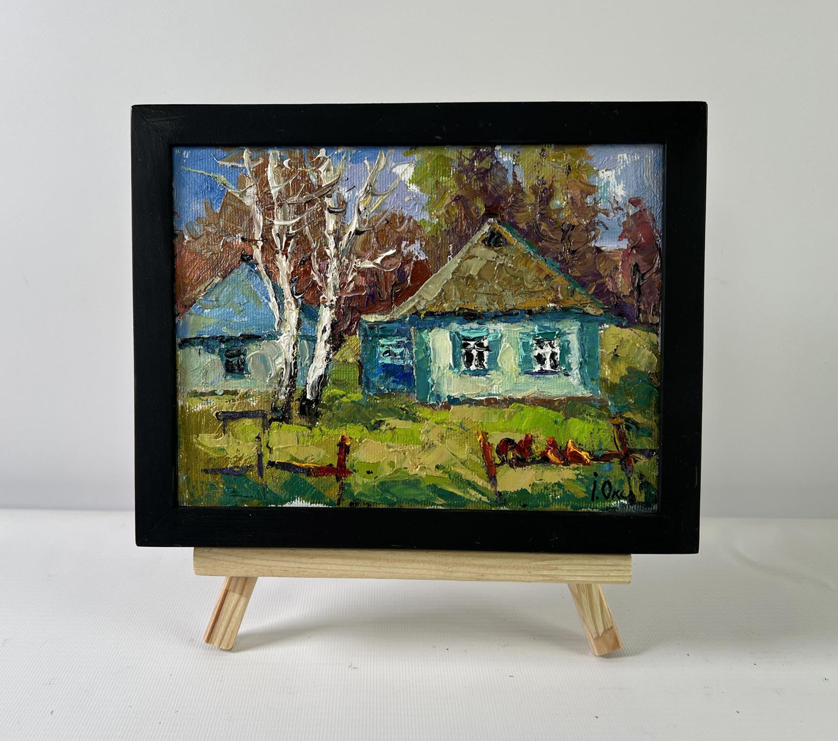 Oil painting Whispers of Spring by Oksana Ivanyuk: rustic village scene