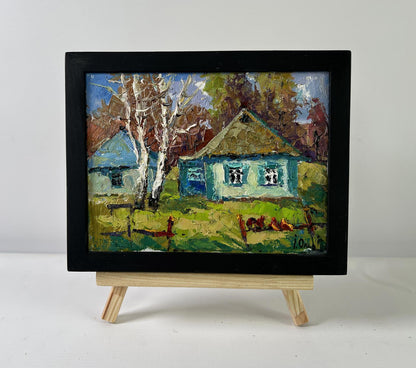 Oil painting Whispers of Spring by Oksana Ivanyuk: rustic village scene