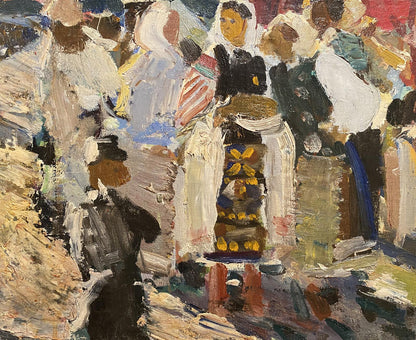 Vibrant impressionistic oil painting sketch of crowded street by unknown artist