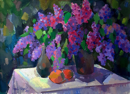 Vibrant purple lilac blooms in light by Pavel Dobrev oil painting