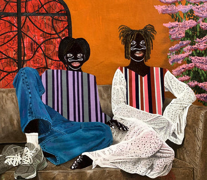 Lazy Afternoon acrylic painting by Akintomide Akinshola, vibrant couch scene