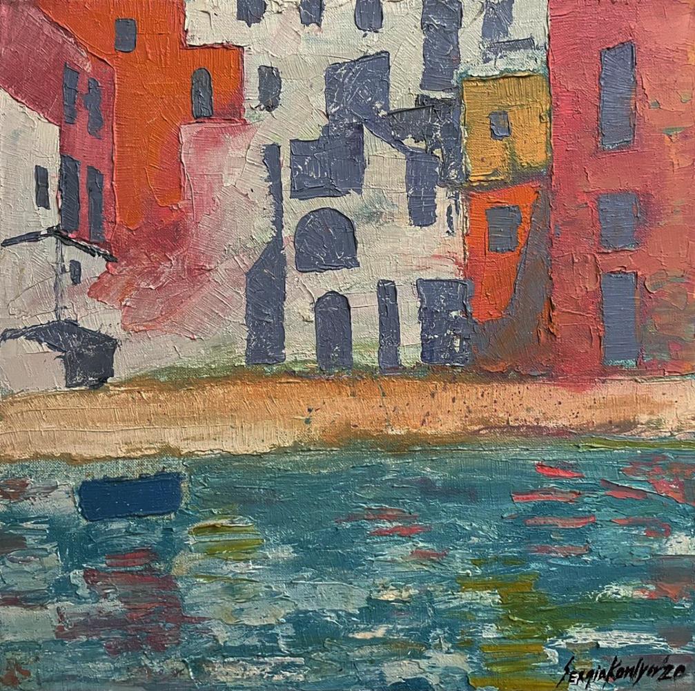 Vibrant oil painting Spots by Serhiy Kovalev: colorful waterfront buildings